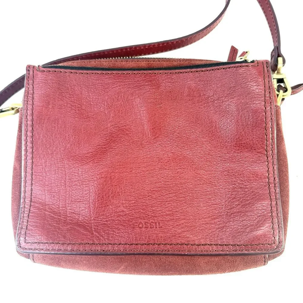 Fossil Campbell Purse Red Burgindy Leather and Suede Sling Bag Crossbody